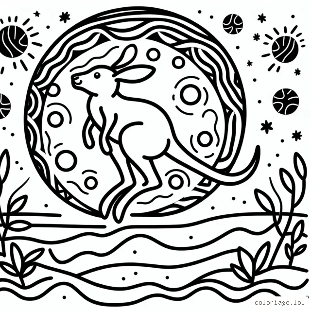 Un kangourou sautant sur la Lune avec une symbolique aborigène