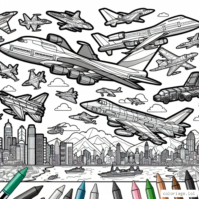 Un cartel d'avions vous attend pour une aventure colorée. Il y a différents types d'avions : des jets de chasse, des avions de passagers, des hélicoptères et même un avion futuriste. Ils volent au-dessus du monde, découvrant divers paysages tels que des montagnes, des océans et des villes animées. Réveille ton âme d'artiste et fais preuve de créativité. Tu décides des couleurs à utiliser.