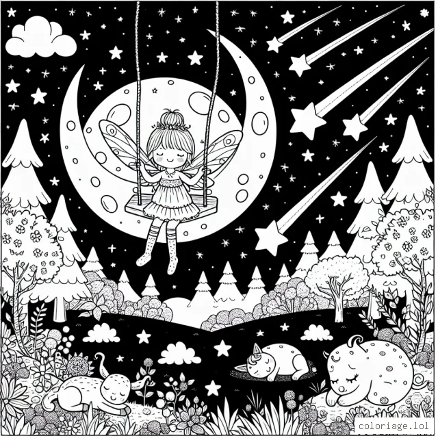 Une petite fée se balance sur une lune suspendue dans un ciel étoilé, en-dessous, il y a un jardin magique avec des animaux endormis. Les petites étoiles filantes traversent le ciel, laissant des traînées brillantes derrière elles.