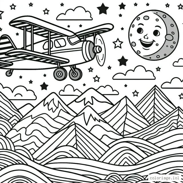 Un avion volant au-dessus d'un paysage montagneux extraordinaire, traversant un ciel étoilé avec la Lune souriante en fond.