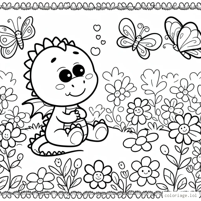 Un petit dragon sympathique joue avec des papillons dans un jardin fleuri