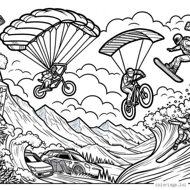 Une scène dynamique de sports extrêmes reprenant diverses disciplines extrêmes telles que le skydiving, le BMX en rampe, le surf de gros, le snowboarding freeride et l'escalade libre.