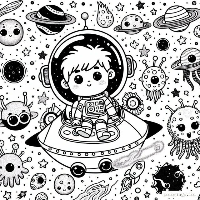 Un jeune astronaute explore la voie lactée à bord de son vaisseau spatial. Il y a des comètes, des planètes, des étoiles filantes et beaucoup d'autres objets spatiaux à colorier. Il y a également une grande variété d'aliens amicaux que l'astronaute rencontre durant son voyage. Le vaisseau spatial a beaucoup de détails et de sections, ce qui le rend amusant à colorier.