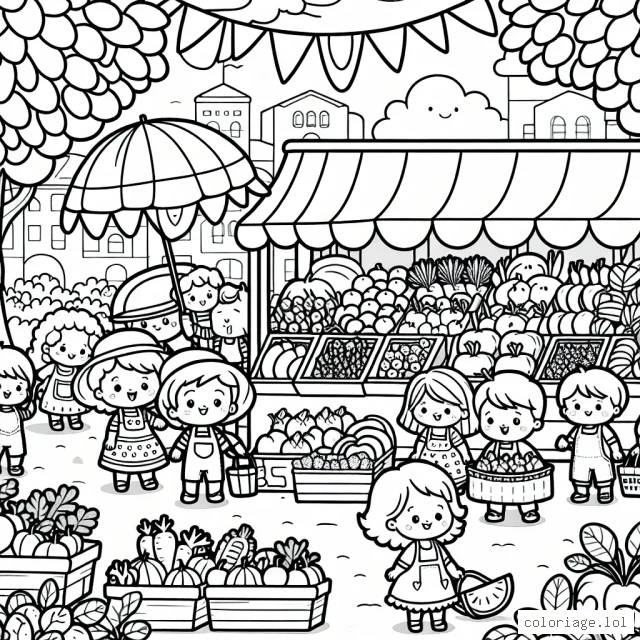 Une scène de marché local en plein air par un après-midi ensoleillé. Les stands sont remplis de fruits, de légumes et de fleurs fraîches. Des personnages animés vont et viennent, faisant leurs achats. Au fond, les enfants jouent près d'un arbre avec un grand cerf-volant coloré.