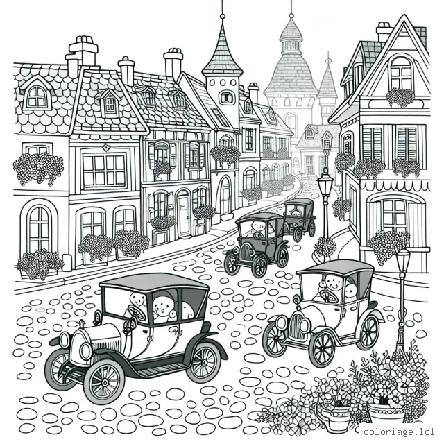 Dessine un défilé d'anciennes voitures françaises dans une petite ville pittoresque.