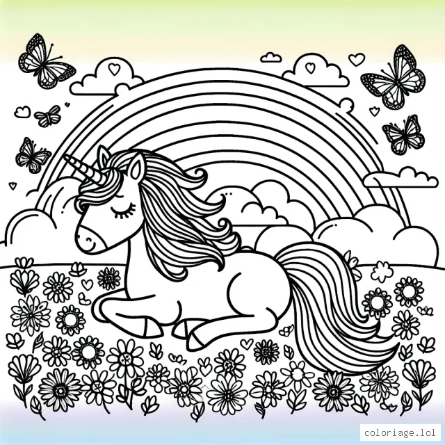 Imagine une adorable licorne avec une longue crinière arc-en-ciel se reposant paisiblement dans un champ de fleurs colorées et de papillons chatoyants. N'oublie pas de colorier le ciel avec des nuances douces de coucher de soleil.