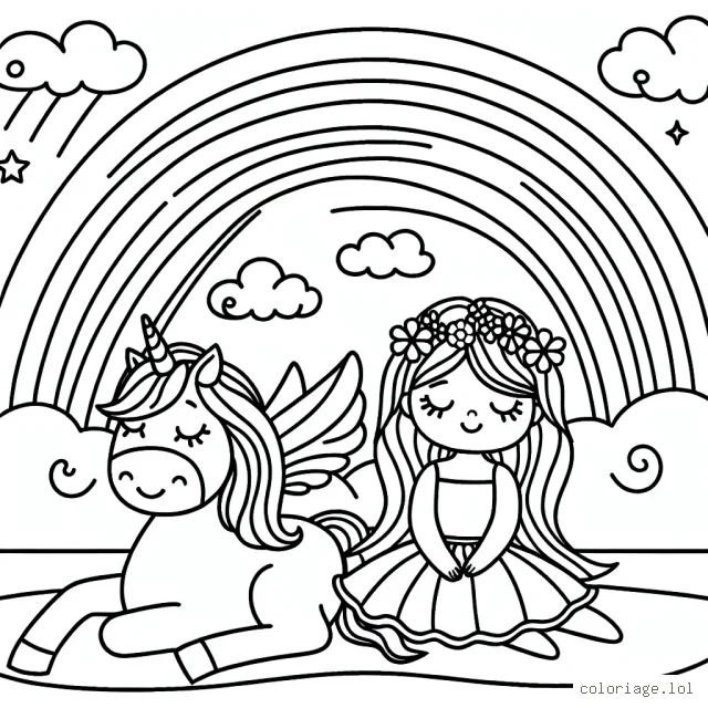 Une petite fée et son cheval magique sous un arc-en-ciel