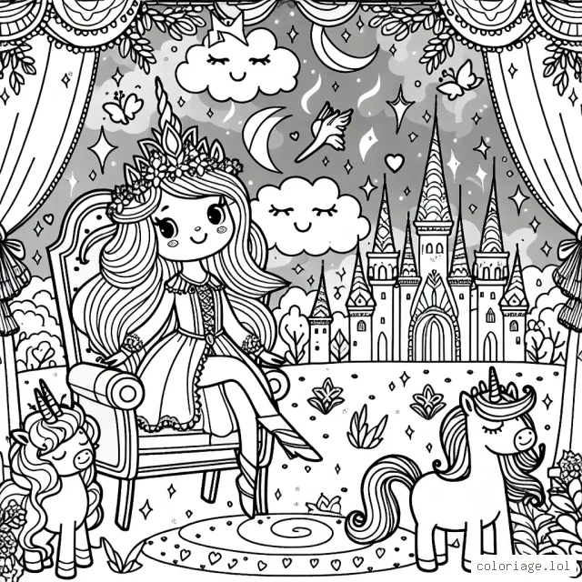 Dans un monde magique rempli de licornes, un royaume est administré par une gentille reine licorne. Tu as devant toi une image de ce moment magique. Utilise des couleurs vives pour donner vie à cette scène !
