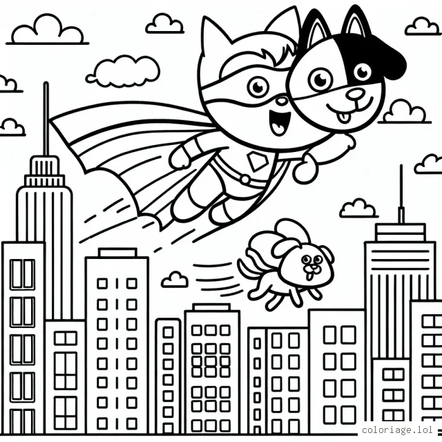 Un petit super héros vole au-dessus de la ville avec son super chien