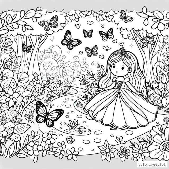 Dessine une princesse se promenant dans un jardin mystérieux, entourée de papillons colorés et de fleurs lumineuses