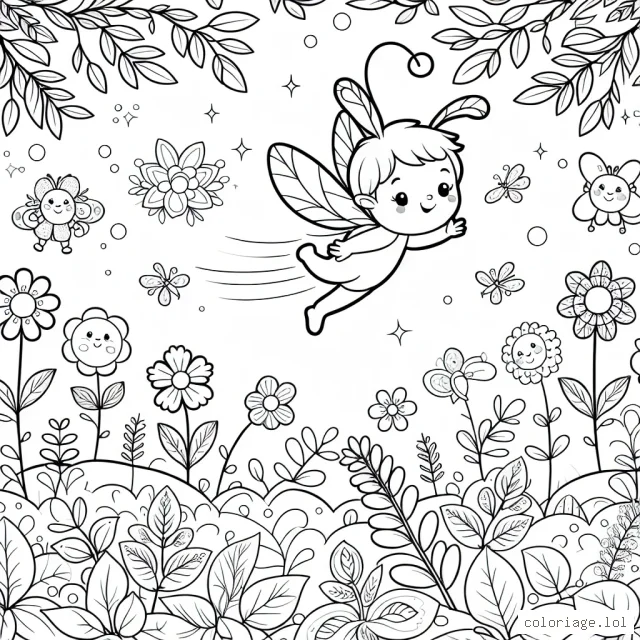 Une petite fée survolant un jardin enchanteur rempli de fleurs colorées et d'animaux mignons
