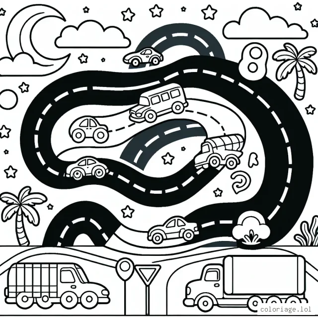 Dessine une course automobile colorée avec des voitures de différentes formes et tailles sur une piste en spirale. Inclut également des signaux routiers, des palmiers et un ciel étoilé en arrière-plan.