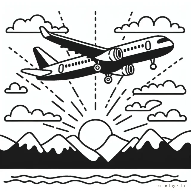 Dessine un avion de ligne volant au-dessus des montagnes, avec un soleil couchant en arrière-plan.