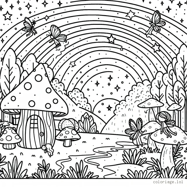 Dessiner une scène enchantée de fées avec une petite maison de champignon dans la lisière d'une forêt d'arcs-en-ciel sous un ciel étoilé.