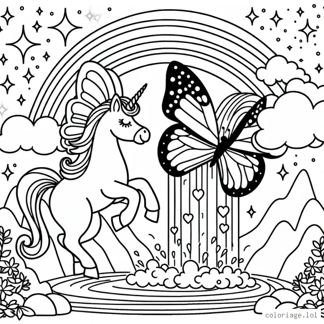 Dessine une licorne majestueuse avec des ailes de papillon géant sortant d'une cascade étincelante sous un arc-en-ciel lumineux.