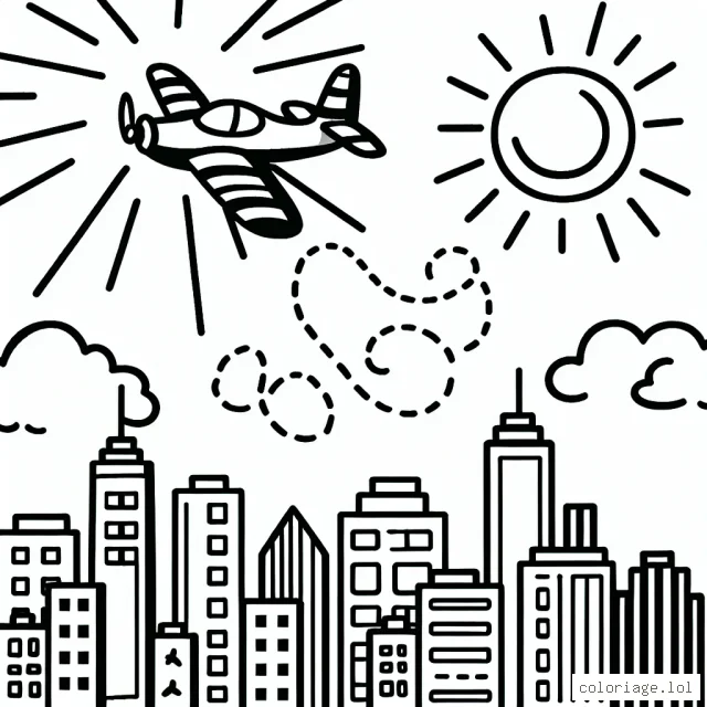 Un avion virevoltant dans le ciel lumineux au-dessus d'une ville ensoleillée, remplie de bâtiments aux couleurs vives