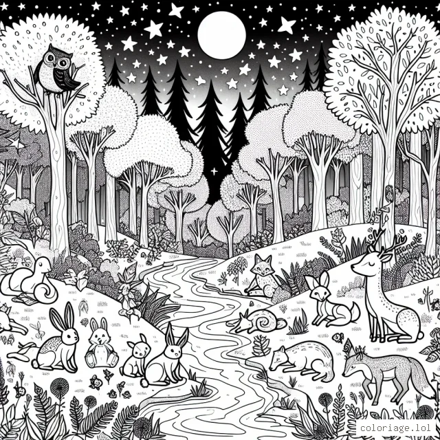 Imagine un coloriage pour enfant centré sur l'histoire magique une nuit étoilée dans la forêt avec tous les animaux autour d'un ruisseau