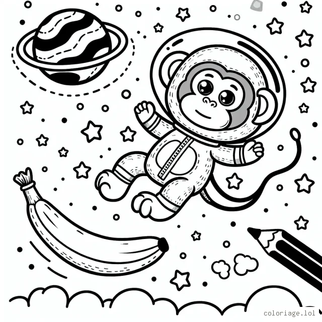 Un singe astronaute flottant dans l'espace avec une banane like un satellite