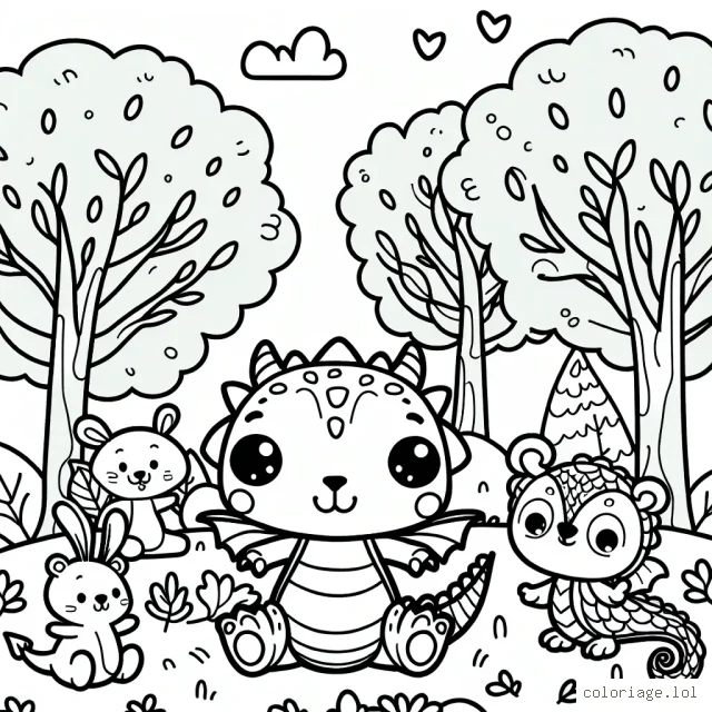 Un petit dragon amical jouant avec ses amis les animaux de la forêt