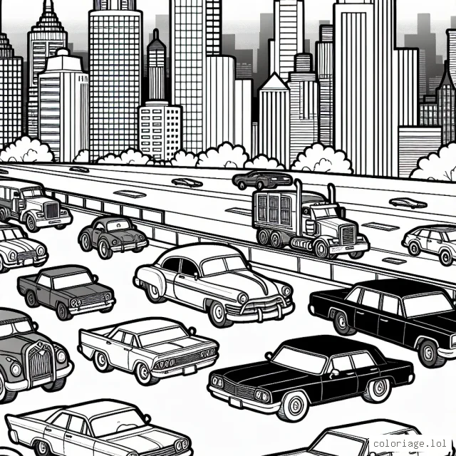 Un convoi de voitures diverses, du vintage à l'ultra-moderne, traversant une ville animée, capturé au crépuscule.