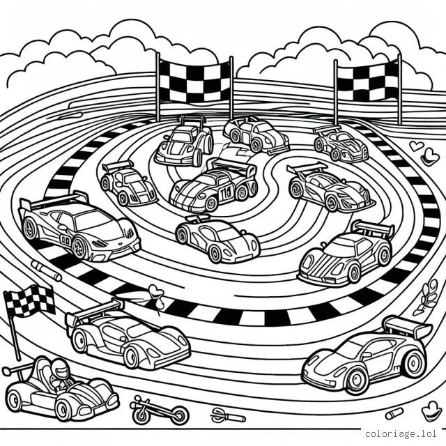 Un circuit automobile rempli de voitures de différentes formes et tailles, toutes en attente d'être colorées.