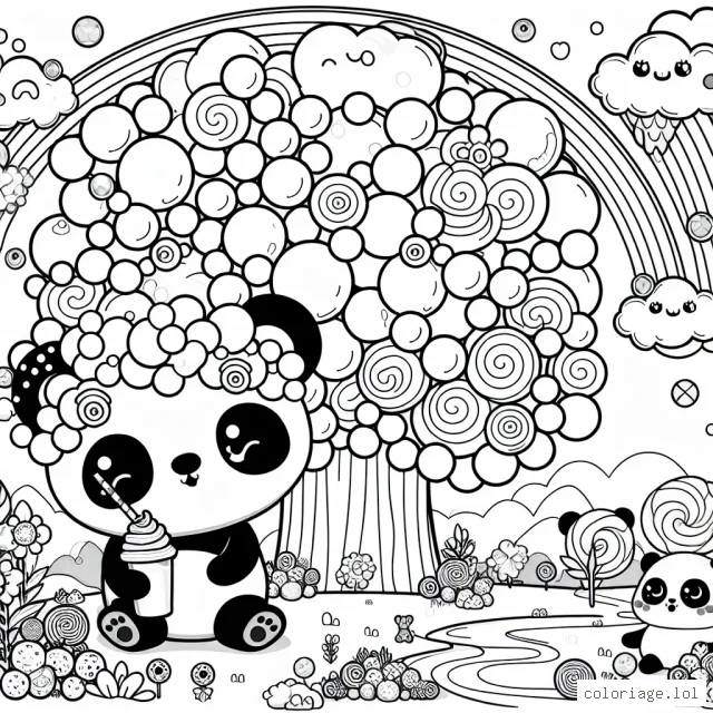 Dans le royaume fantastique de Bubblesland, de nombreuses créatures mignonnes et amusantes vivent en harmonie. Parmi eux, PomPom le panda magique, qui vit dans un grand arbre à bulles multicolores. De plus, une rivière de limonade bleu ciel coule à proximité, et des nuages de bonbons flottent dans l'air. Pouvez-vous donner vie à ce royaume merveilleux avec vos couleurs préférées?