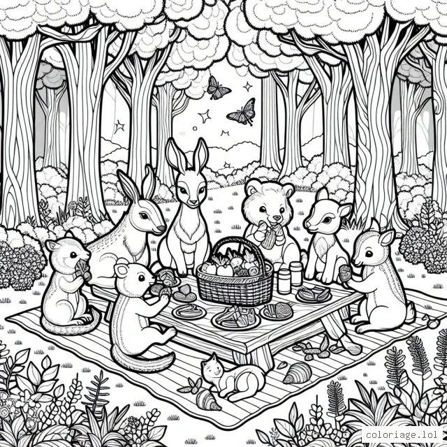 Dessine un pique-nique en forêt avec des animaux sauvages aux couleurs vives qui partagent gentiment la nourriture