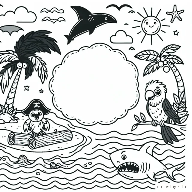 Journal de pirate avec trésor, perroquet tropical, île paradisiaque, aventure en mer et requin menaçant.