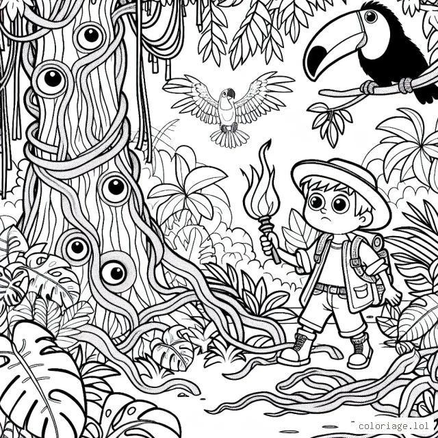 Un petit garçon se prépare pour une grande aventure, avec une torche à la main et un sac à dos. Il est entouré par une jungle dense, avec des arbres élevés, des lianes entrelacées et des plantes exotiques. Dans le ciel, un toucan observe. Dans la jungle, de gros yeux brillants trahissent la présence de créatures mystérieuses.