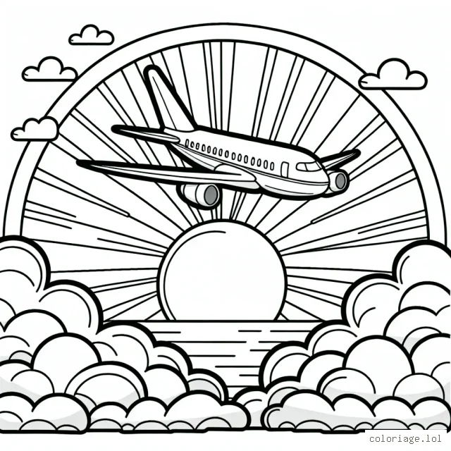 Un avion survolant les nuages avec le soleil se couchant à l'arrière-plan