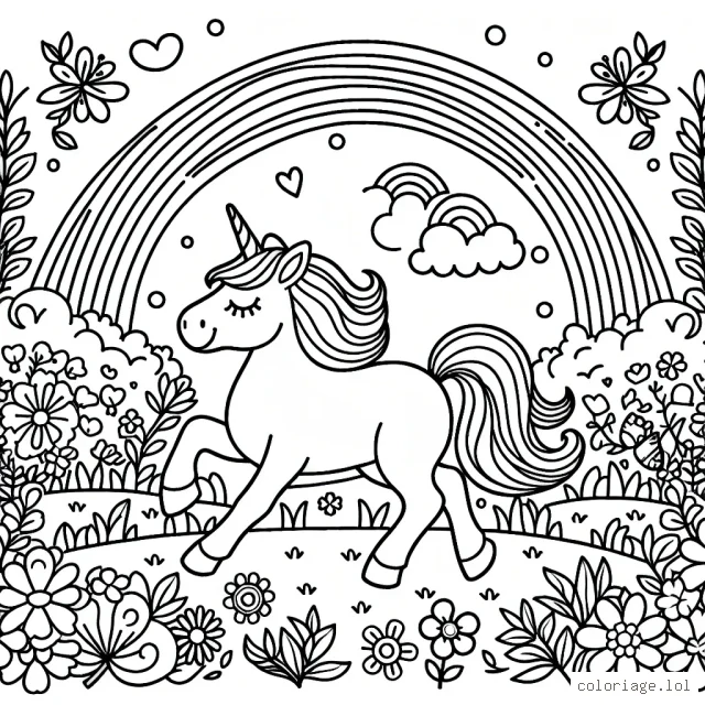 Imagine une scène féerique où un licorne gracieuse déambule dans un jardin enchanté parsemé de fleurs vibrantes et d'arc-en-ciel.
