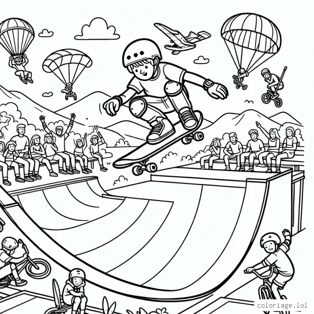 Dessine un skateboarder audacieux naviguant sur une rampe en demi-lune dans un parc à skate, entouré de spectateurs émerveillés. N'oublie pas d'ajouter des détails comme le casque et les genouillères pour la sécurité. En arrière-plan, tu peux aussi dessiner des gens faisant du BMX, de l'escalade et du parachutisme.