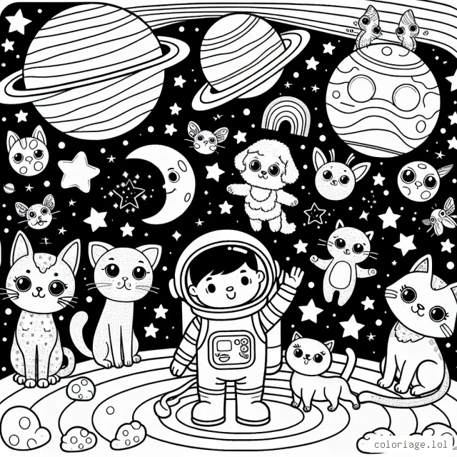 Sur une planète lointaine, un petit garçon astronaute rencontre une multitude d'animaux de l'espace amicaux et colorés. Il y a des chats galactiques aux couleurs de l'arc-en-ciel, des chiens étoilés qui luisent dans l'obscurité et des oiseaux à plumes de comète. Eclairez ce monde fantastique avec vos plus belles couleurs!