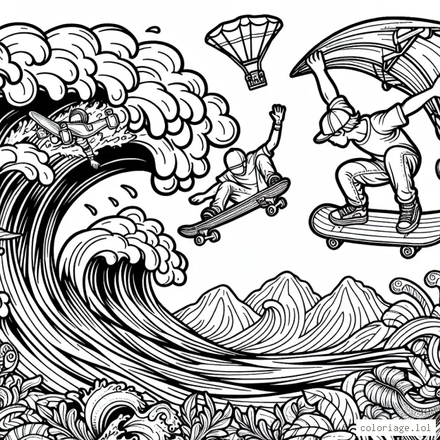 Un spectacle saisissant de skateboard, base jump, et surf sur une grande vague, offrant une fantastique opportunité de coloriage
