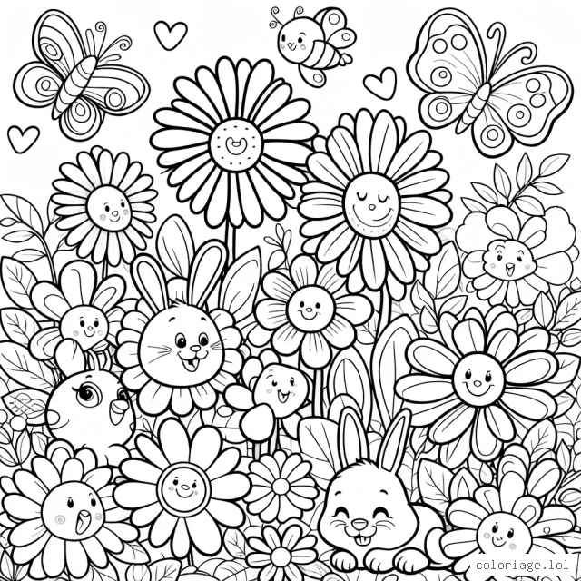 Un magnifique jardin fleuri avec des animaux joyeux