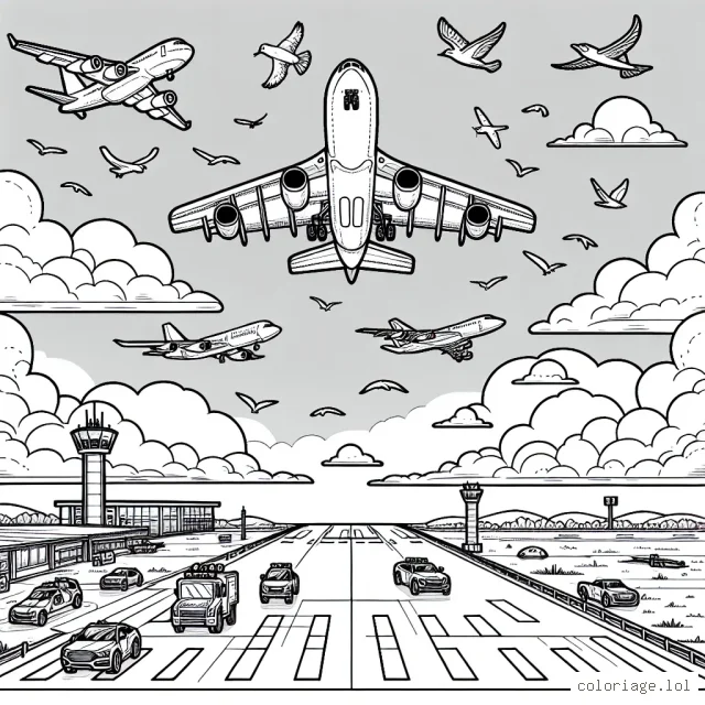 Imaginez un grand ciel bleu, parsemé de quelques nuages. Au milieu du ciel, un gros avion à réaction vole, et en dessous, des avions plus petits, certains sont à hélice, d'autres sont des avions de chasse. Partout autour, des oiseaux volent librement. Les avions volent depuis un aéroport situé en dessous, visible depuis le ciel. on y voit une piste d'atterrissage, des avions qui décollent et atterrissent, avec des camions de pompier, des ambulances et des véhicules de service d'aéroport.