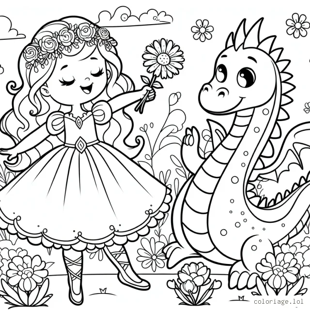 Imagine et colorie une jolie princesse en train de danser avec son meilleur ami, un gentil dragon vert dans un jardin fleuri.