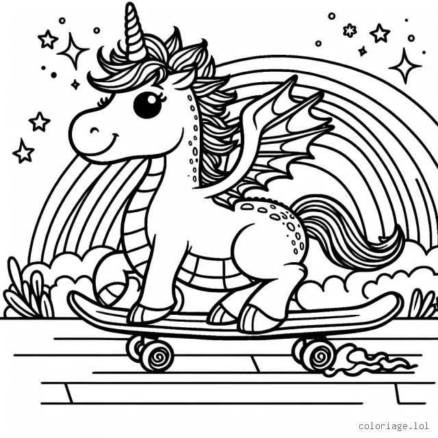 Un Dragon licorne faisant du skateboard dans un univers arc-en-ciel