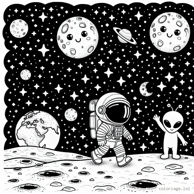 Un astronaute marche sur la lune, avec la Terre à l'arrière-plan. Il existe aussi deux aliens mignons qui font signe à l'astronaute. Il y a différents cratères sur la surface de la lune, ainsi que des étoiles étincelantes dans le ciel.