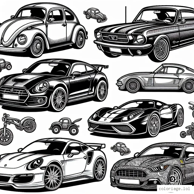 Un assortiment de voitures étincelantes de différentes marques attendent d’être colorées. De la Volkswagen Beetle classique à la puissante Ford Mustang, en passant par la luxueuse Ferrari, chaque voiture est un chef-d'œuvre à colorer. Assurez-vous de colorer les logos des marques aussi !