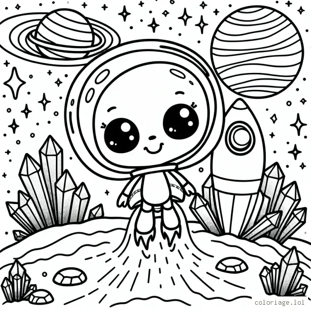 Un petit extraterrestre et sa fusée spatiale atterrissent sur une mystérieuse planète parsemée de cristaux brillants.