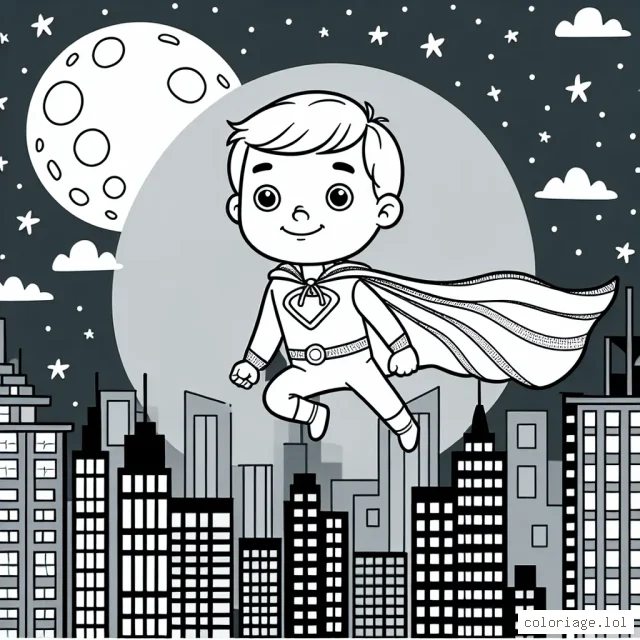 Un petit garçon en costume de superhéros volant au-dessus de la ville la nuit, avec une grande lune derrière lui
