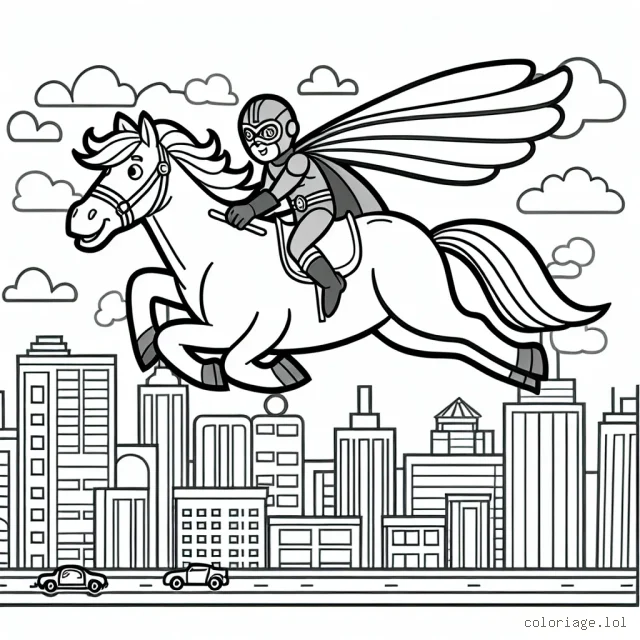 Un super-héros avec son fidèle compagnon le cheval volant survolant la cité futuriste