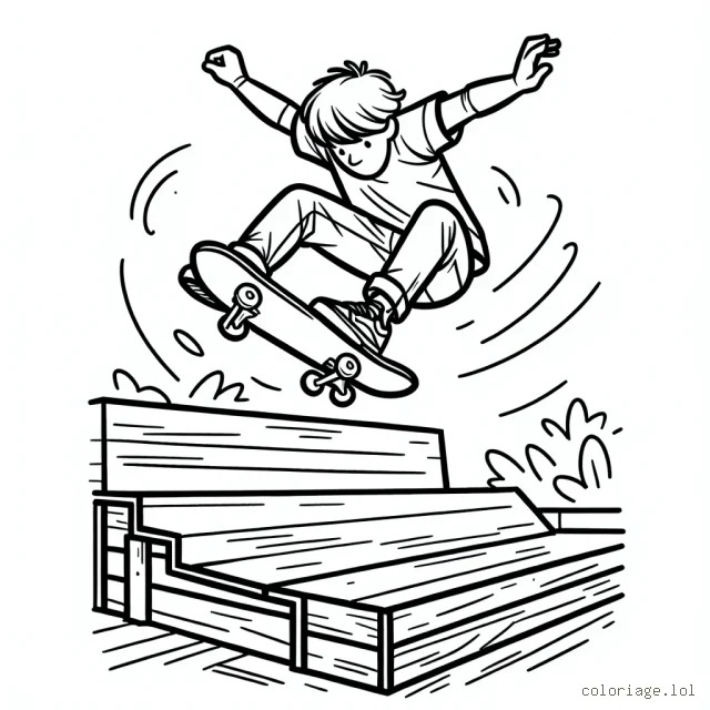 Dessine un skateur en train de réaliser une figure aérienne impressionnante sur une rampe de skate park.