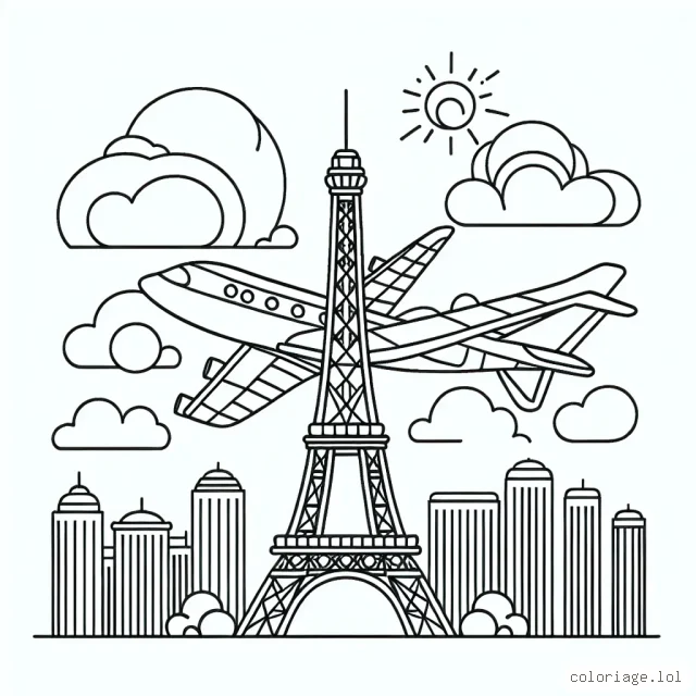 Un avion de ligne moderne survolant Paris avec la Tour Eiffel en arrière-plan