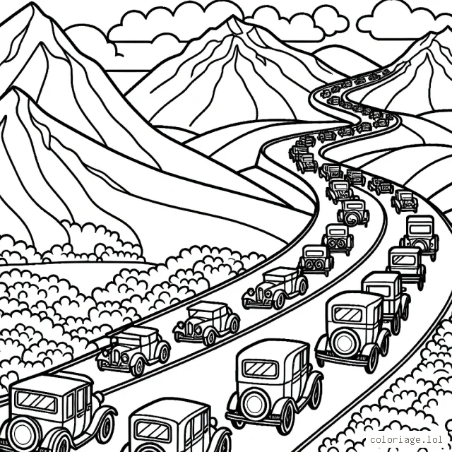 Un cortège de voitures vintage se faufile à travers une route sinueuse en pleine montagne.