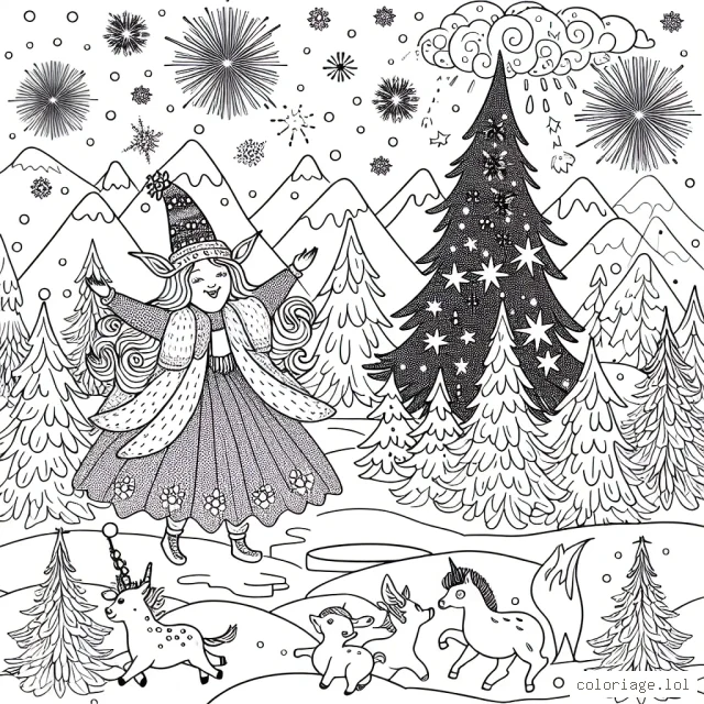 Imagine un personnage magique vivant dans un paysage de montagnes enneigées, ornées de sapins inhabituels lumineux et magiques, et peuple ce paysage avec de joyeux animaux jouant dans la neige.