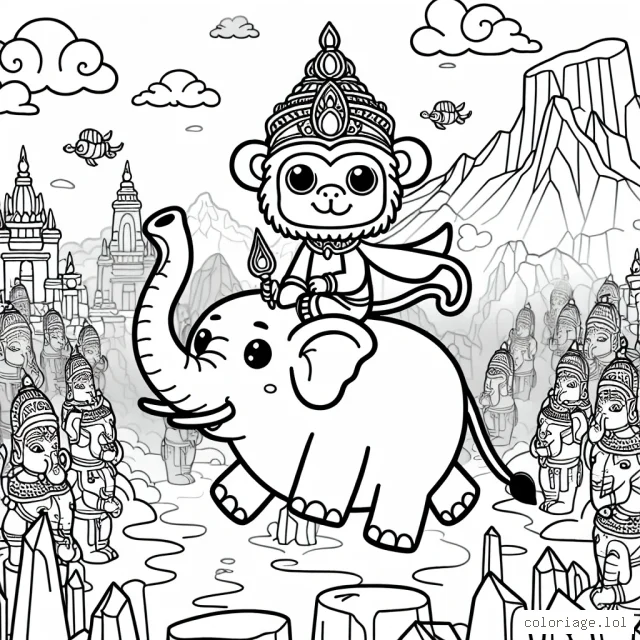 Dessine un roi singe malicieux chevauchant un éléphant volant au-dessus d'un ancien royaume rempli de statues de glace