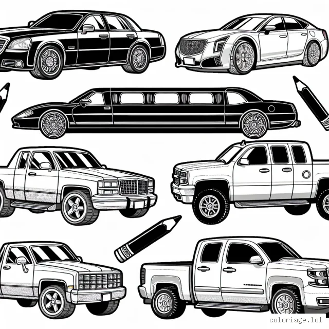 Imagine un dessin présentant un défilé des voitures de différentes marques. On y voit des voitures de sport, des limousines, des pick-ups et des berlines, toutes représentées avec des détails réalistes. Quelle marque est ta préférée ? Donne vie à cette parade en mettant les couleurs de ton choix !