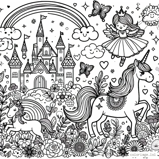 Un monde magique rempli de licornes volantes, de princesses, de châteaux enchantés, de fleurs qui scintillent et d'arcs-en-ciel brillants